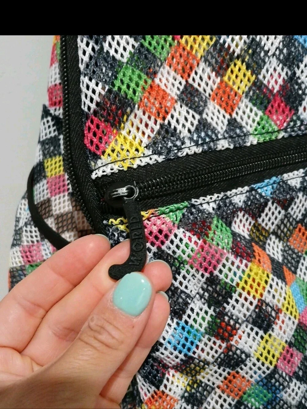 J WORLD Multi-Color Mesh Backpack Checker Geometric Print Bookbag Gym School